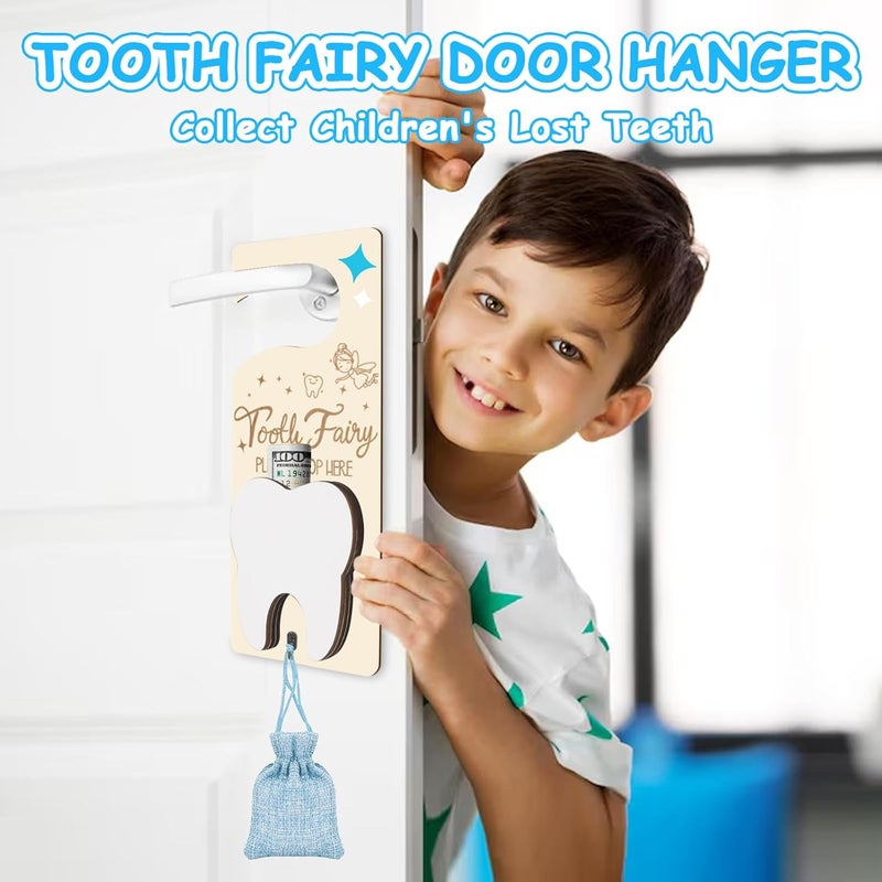 AINBIN Tooth Fairy Door Hanger, Tooth Fairy Tooth Holder Kit with Money Slot Keepsake Bottle Burlap Pouch & Upgrade Night Light, Wooden Encourage Gift for Kids Children Boys Girls Lost Teeth (Blue) - Image 2